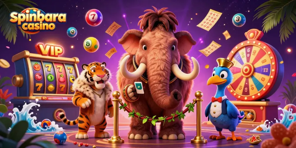 Experience the excitement of spinbara casino with our vibrant 3D scene featuring unique casino characters.