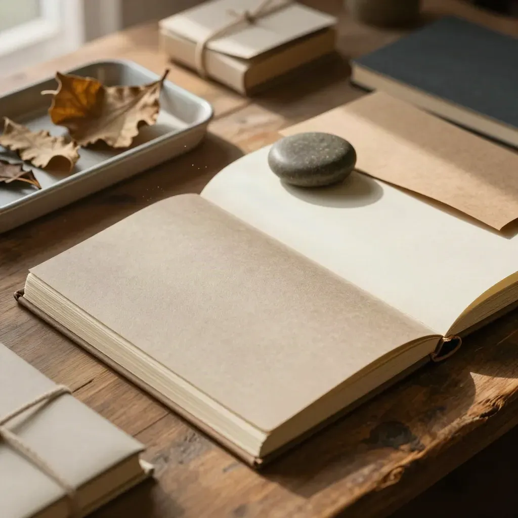 Mesa editorial con cuadernos cerrados, hojas secas, papel kraft y una piedra plana bajo luz suave.