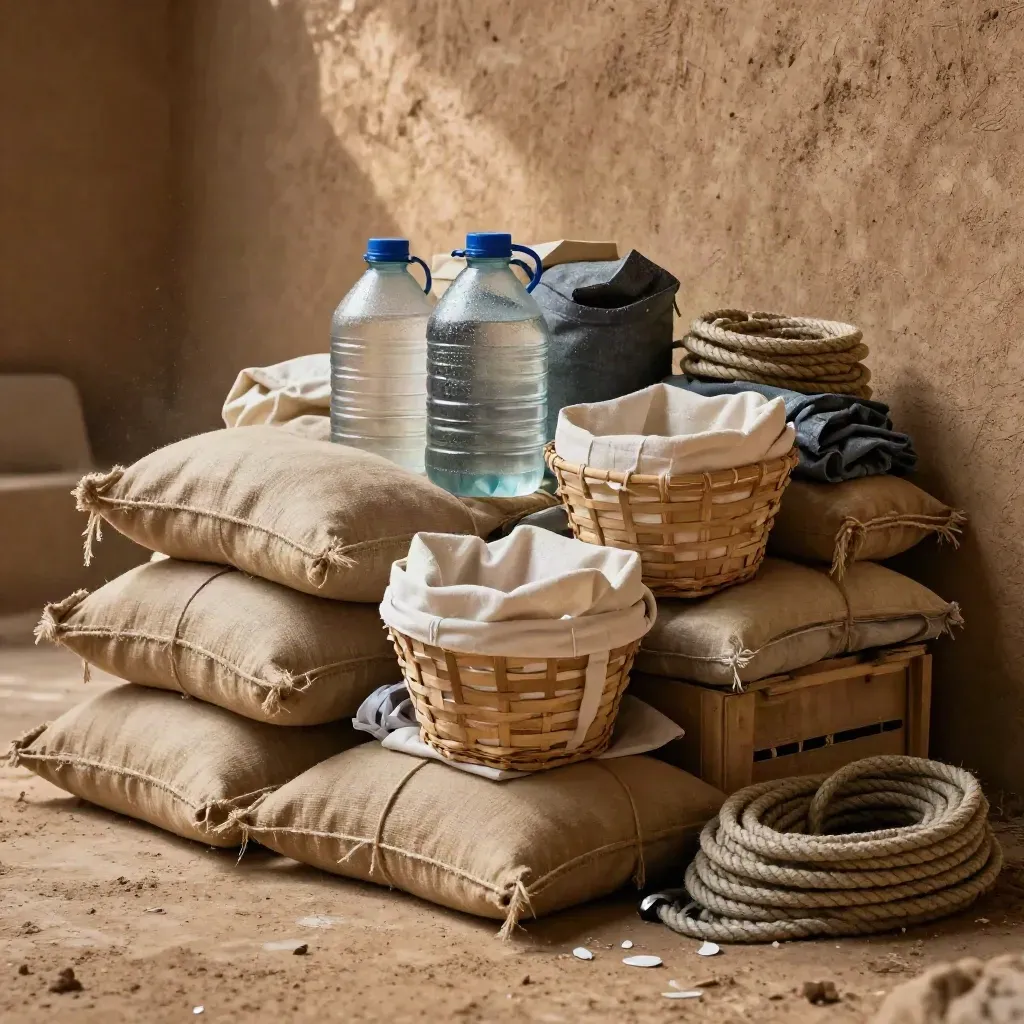 Materiales de apoyo para campañas de donación junto a una pared de adobe, listos para salir.