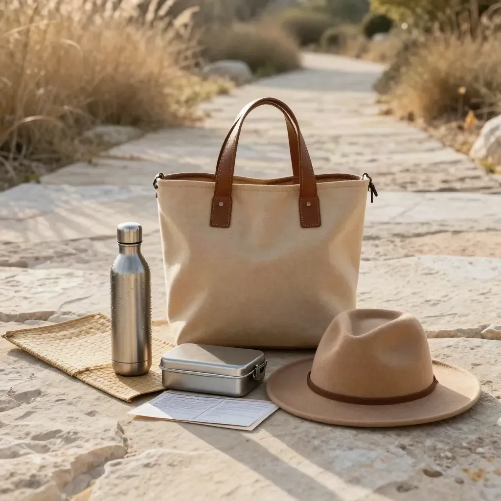 Kit de turismo ético listo junto a un sendero, con bolso, botella reutilizable, sombrero y lonchera.