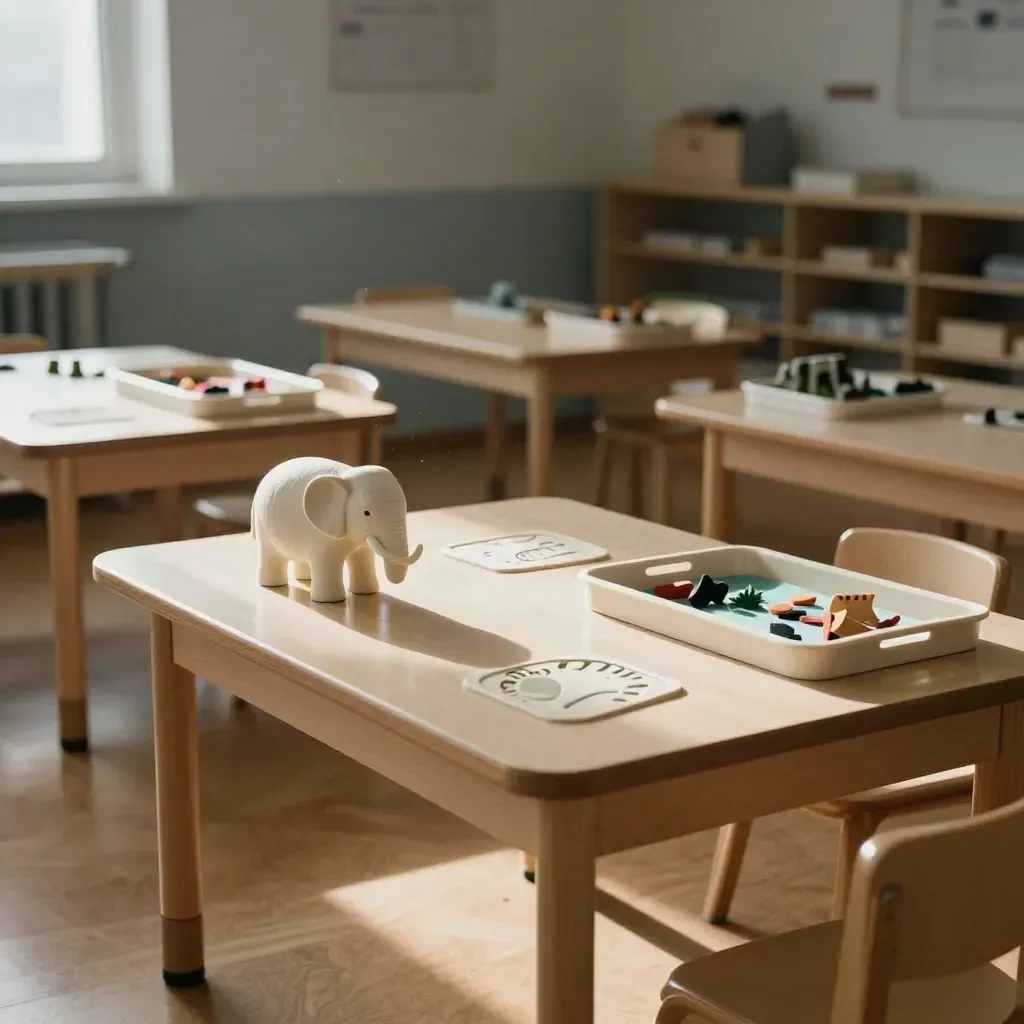 Aula lista con mesas vacías, modelos de elefantes y bandejas didácticas ordenadas.