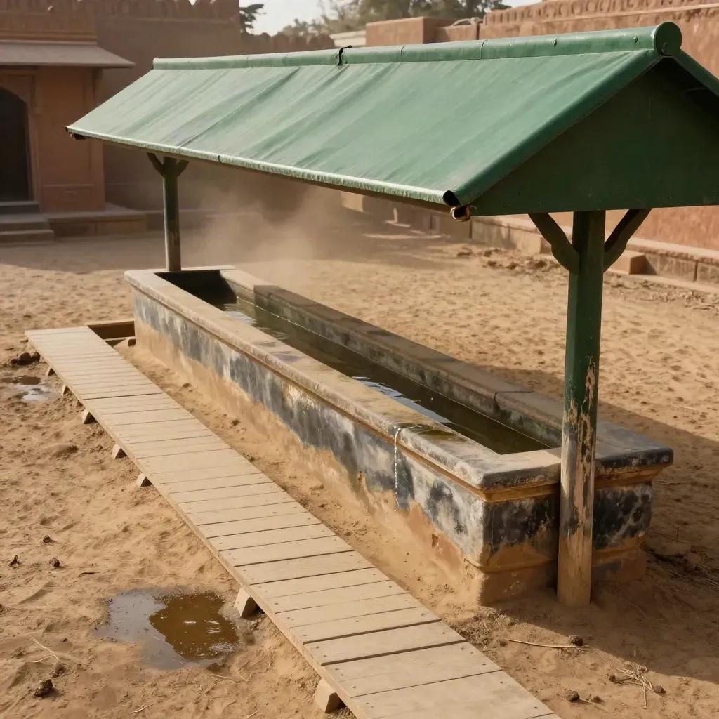 Santuario de Jaipur con bebedero restaurado, sombra nueva y pasarela de mantenimiento en tierra compactada.