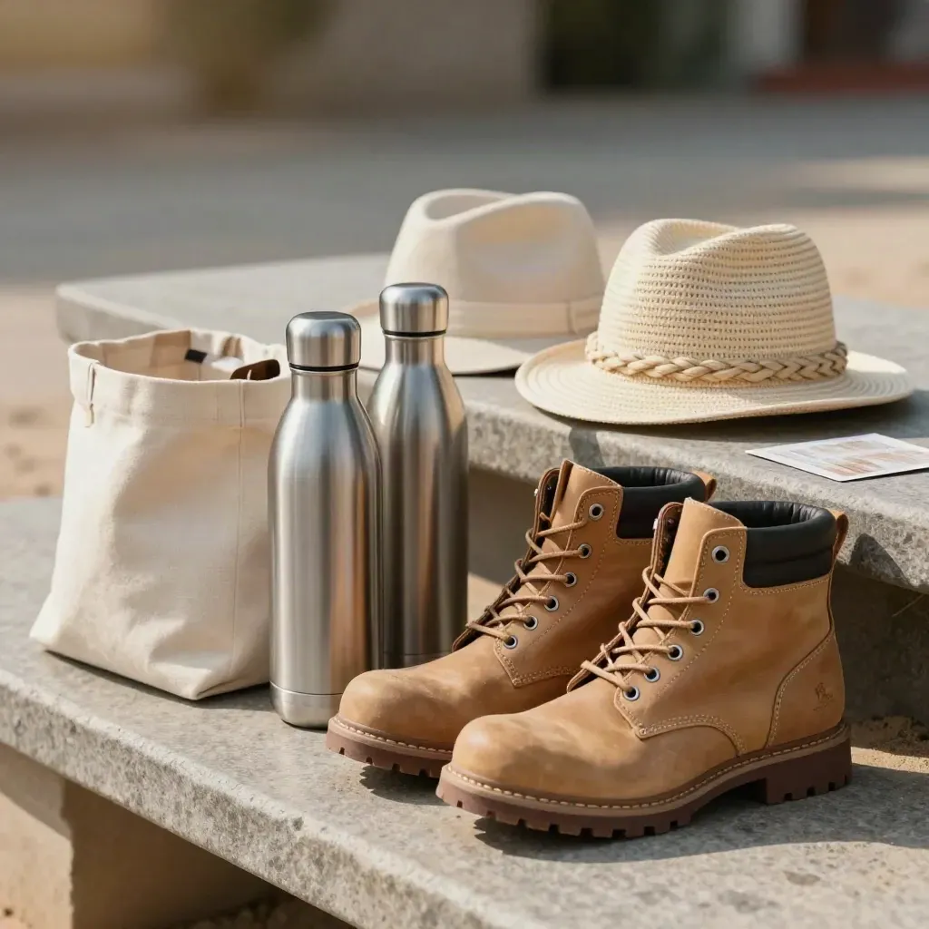 Kit de turismo responsable con botellas, bolsas, sombreros y botas sobre banco de piedra.