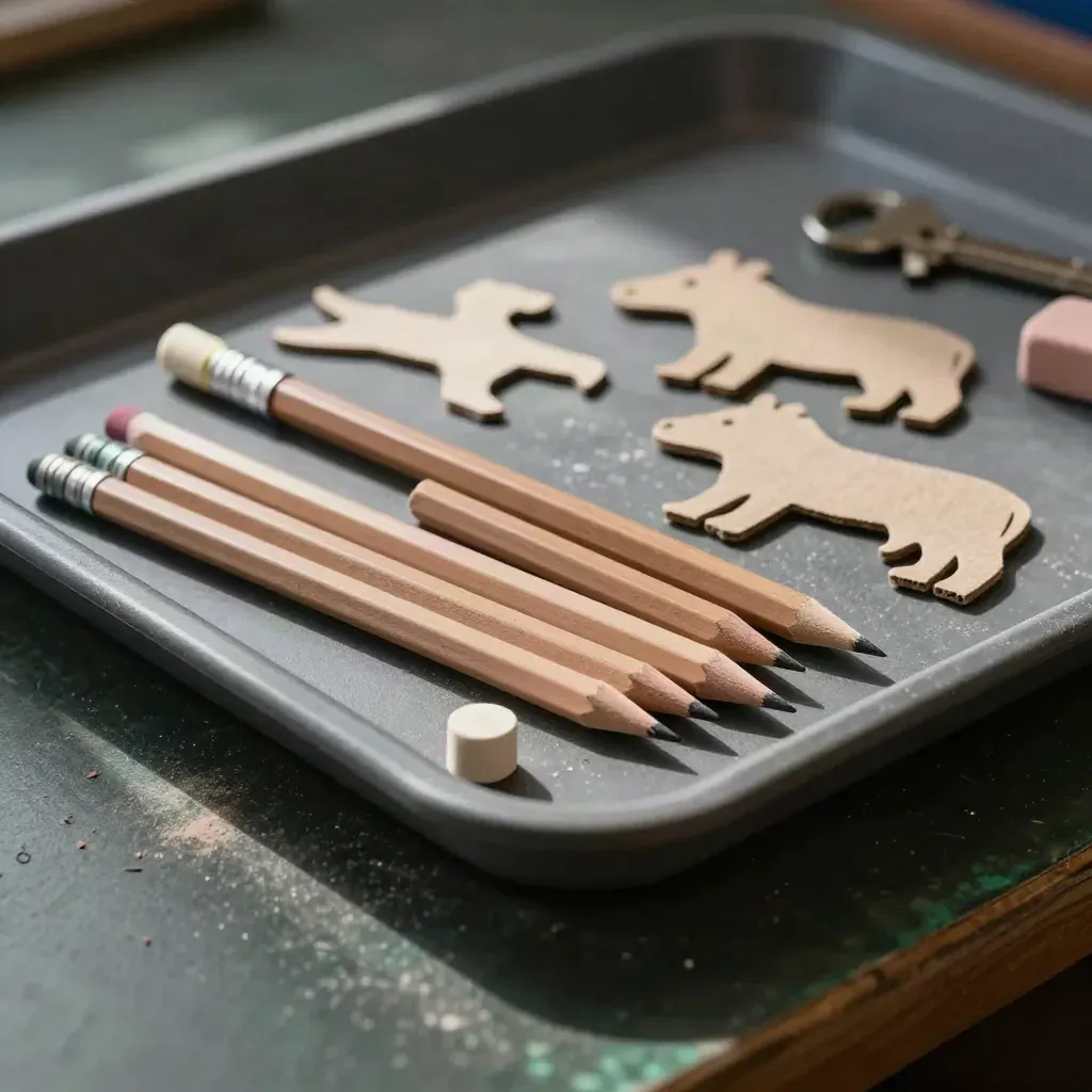 Lápices cortos, tizas gastadas y siluetas de animales en una bandeja escolar con luz dramática.