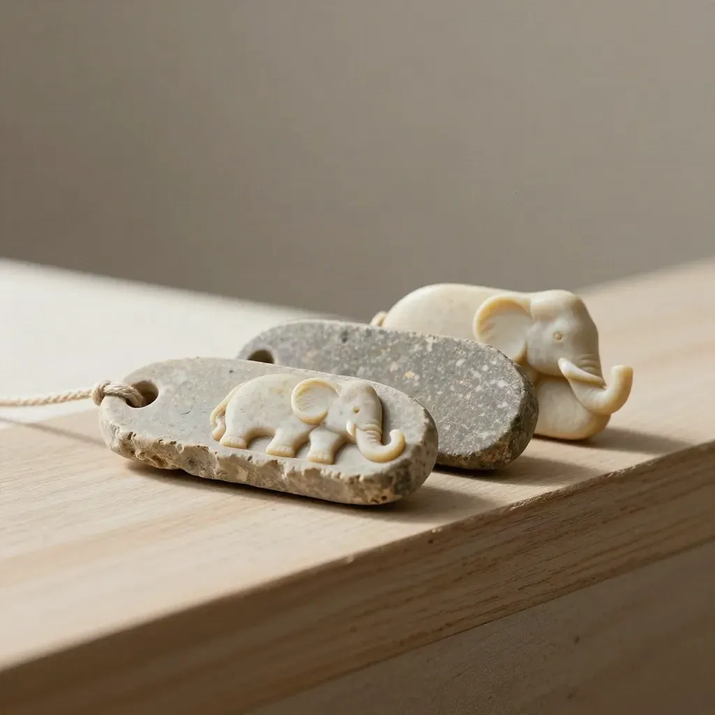 Fichas de piedra, ficha de elefante y cordón fino sobre madera envejecida, con luz suave lateral.