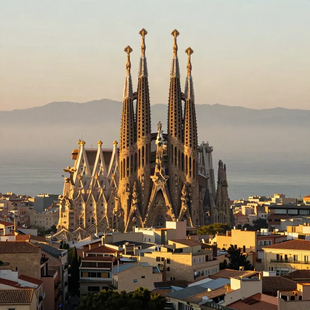 Barcelona y la Sagrada Família sobre bruma marina al atardecer, con espacio vacío para texto.