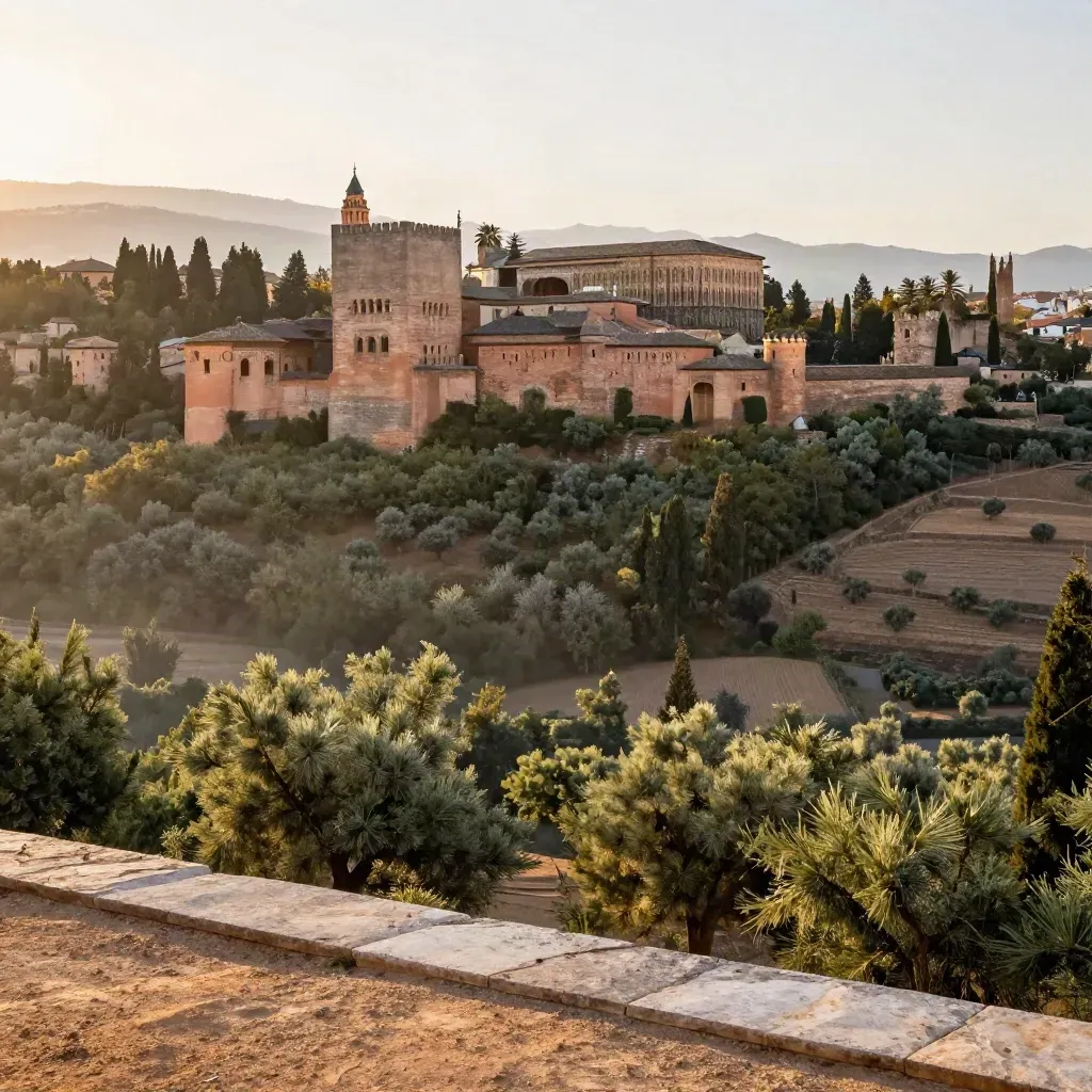 La Alhambra sobre un valle de olivos con calima dorada en Andalucía.
